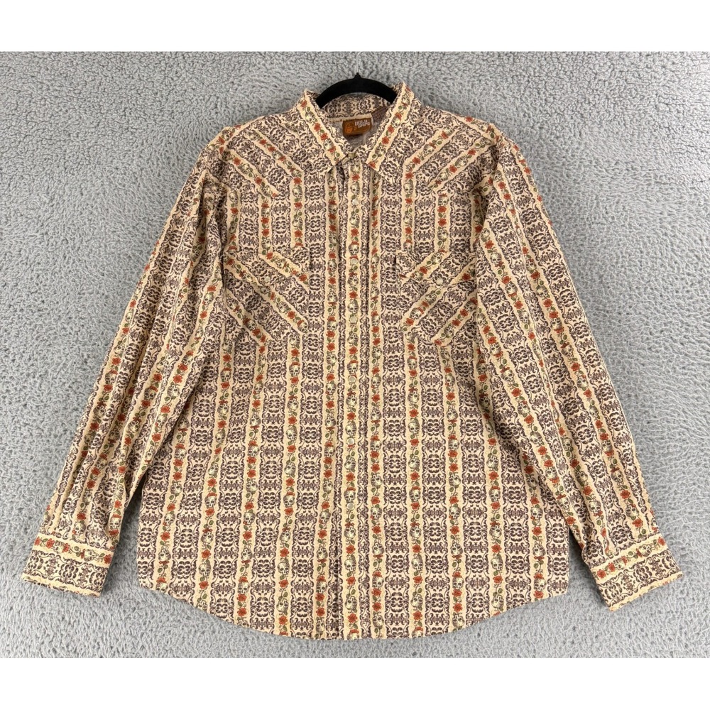Ugly Shirt Western Pearl Snap Shirt Men Large Cream Skull Rose Cowboy Rockabilly
